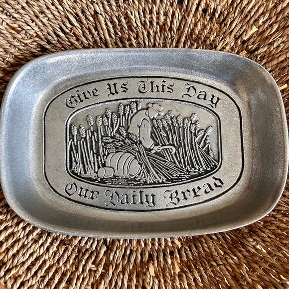 Vintage Pewter Tray with Give Us this Day Phrase and Farmer Working in Field - Picture 2 of 10
